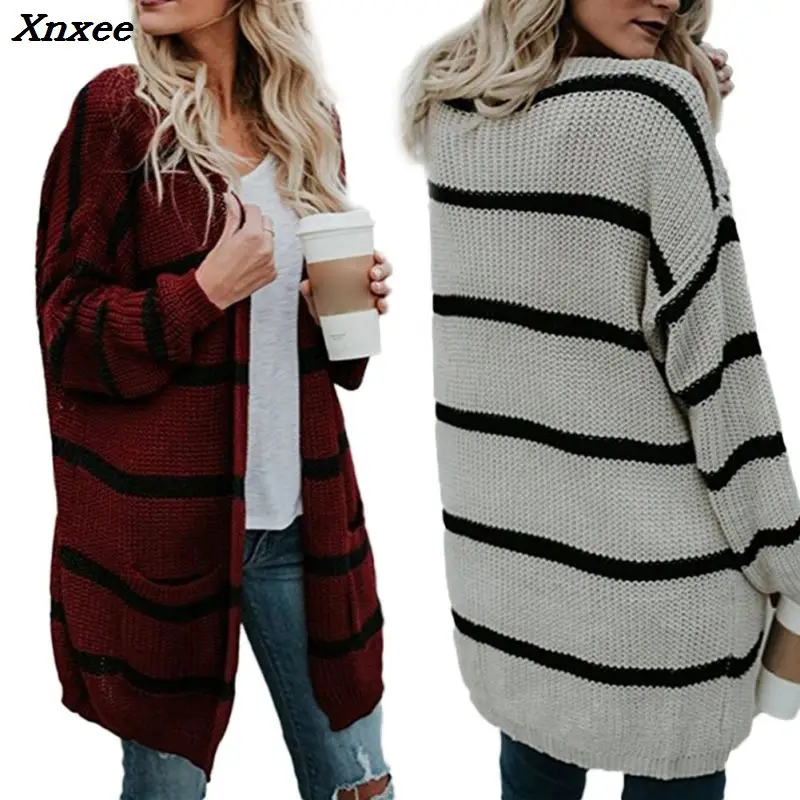 Autumn Winter Women Medium And Long Style Ladies' Street Fashionable Long Striped Knitted Cardigan Outerwear With Pocket Xnxee