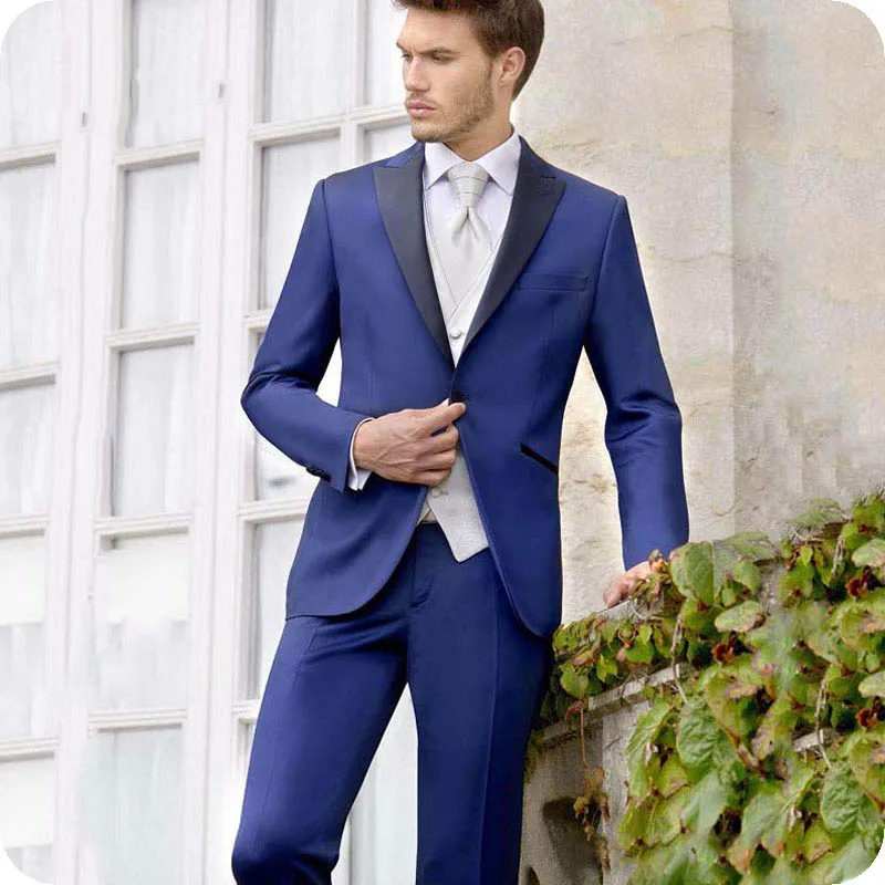 

Latest Coat Pant Designs Royal Blue Men Suits for Wedding Black Peaked Lapel Groomsmen Suit 2 Pieces Groom Tuxedo Costume Homme