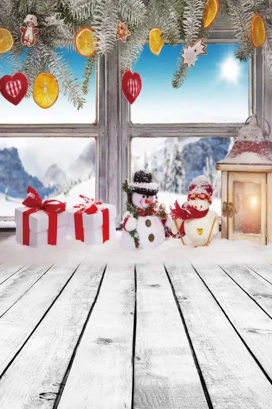 

Laeacco Christmas Window Snowman Snow Gifts Lamp Baby Photography Backgrounds Customized Photographic Backdrops For Photo Studio