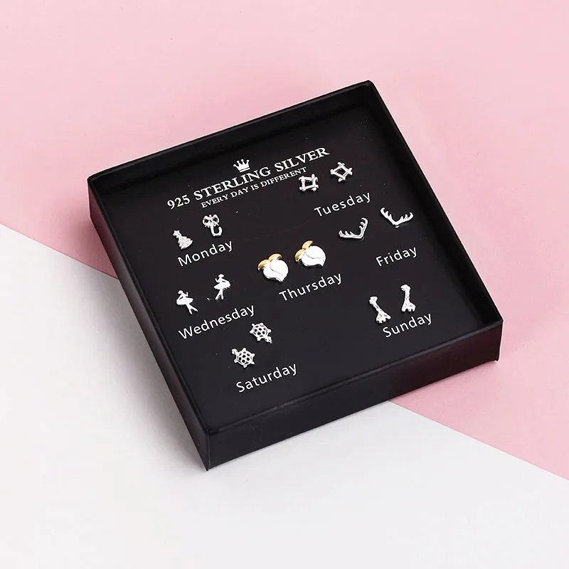 

Fashion 7 Pairs/set A Week Earrings 100% Real 925 sterling silver Cute charming Stud earrings for women Party Birthday Jewelry