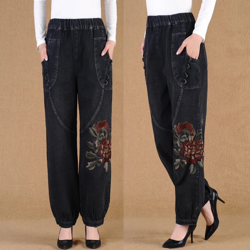 

Embroidered jeans women spring and autumn new wide leg pants loose plus size M-4XL elastic waist long trousers bloomers