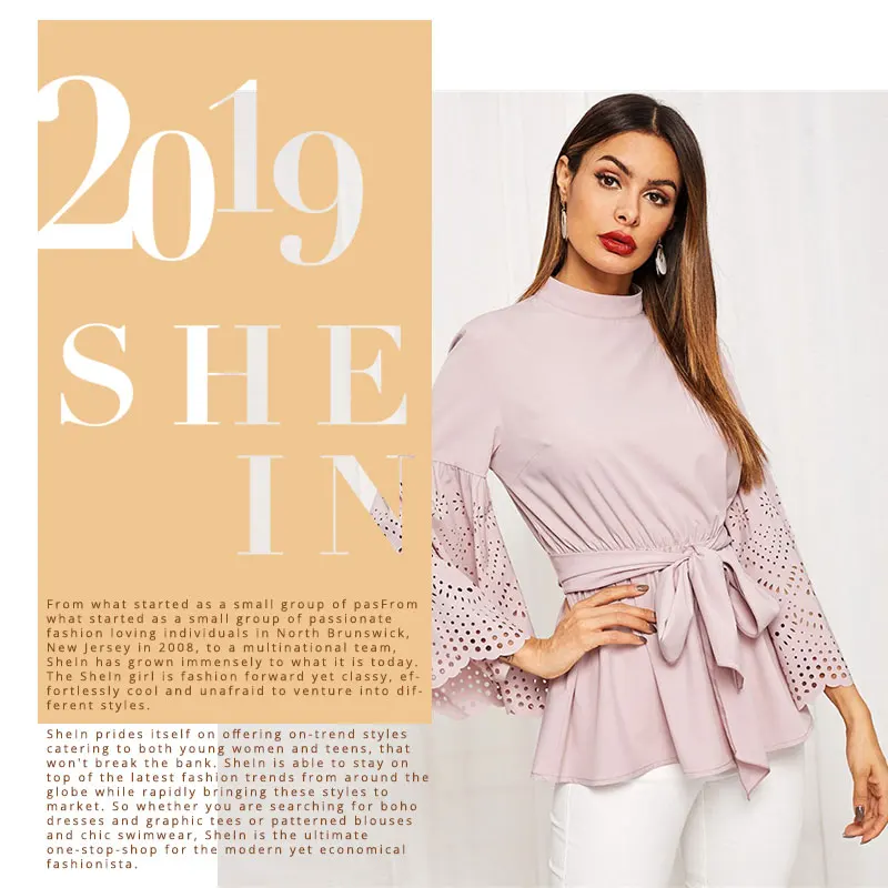 SHEIN Однотонная Блуза С Оригинальным Рукавом Женская Розовая Весенняя Элегантная Блузка С Поясом И Длинными Рукавами