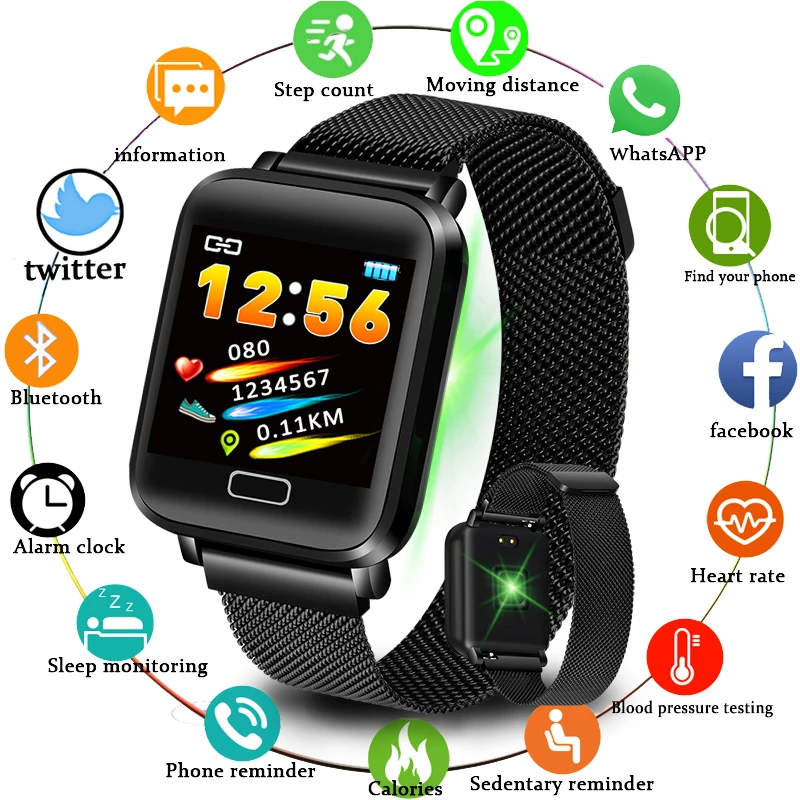 

LIGE NEW Men Watch Blood Pressure Heart Rate Monitor Milanese Stainless Steel Smart Wristband Sport Fitness tracker Water Watch