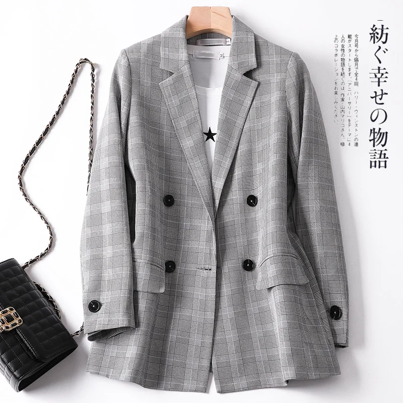 Shuchan Women's Jacket Plaid Double Breasted Blazer Feminino Double Breasted Notched England Style Jacket Women Autumn VS19B255