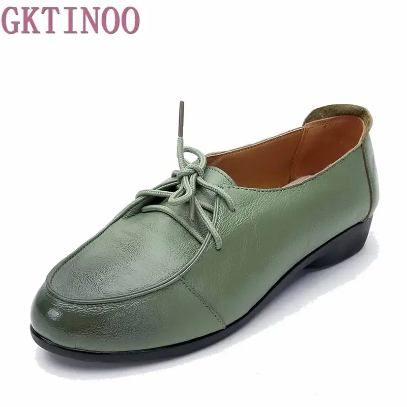

Women Handmade Lacing Flat Shoes Woman Spring Genuine Leather Shoes Soft Comfortable Round Toe Single Shoes Women Flats