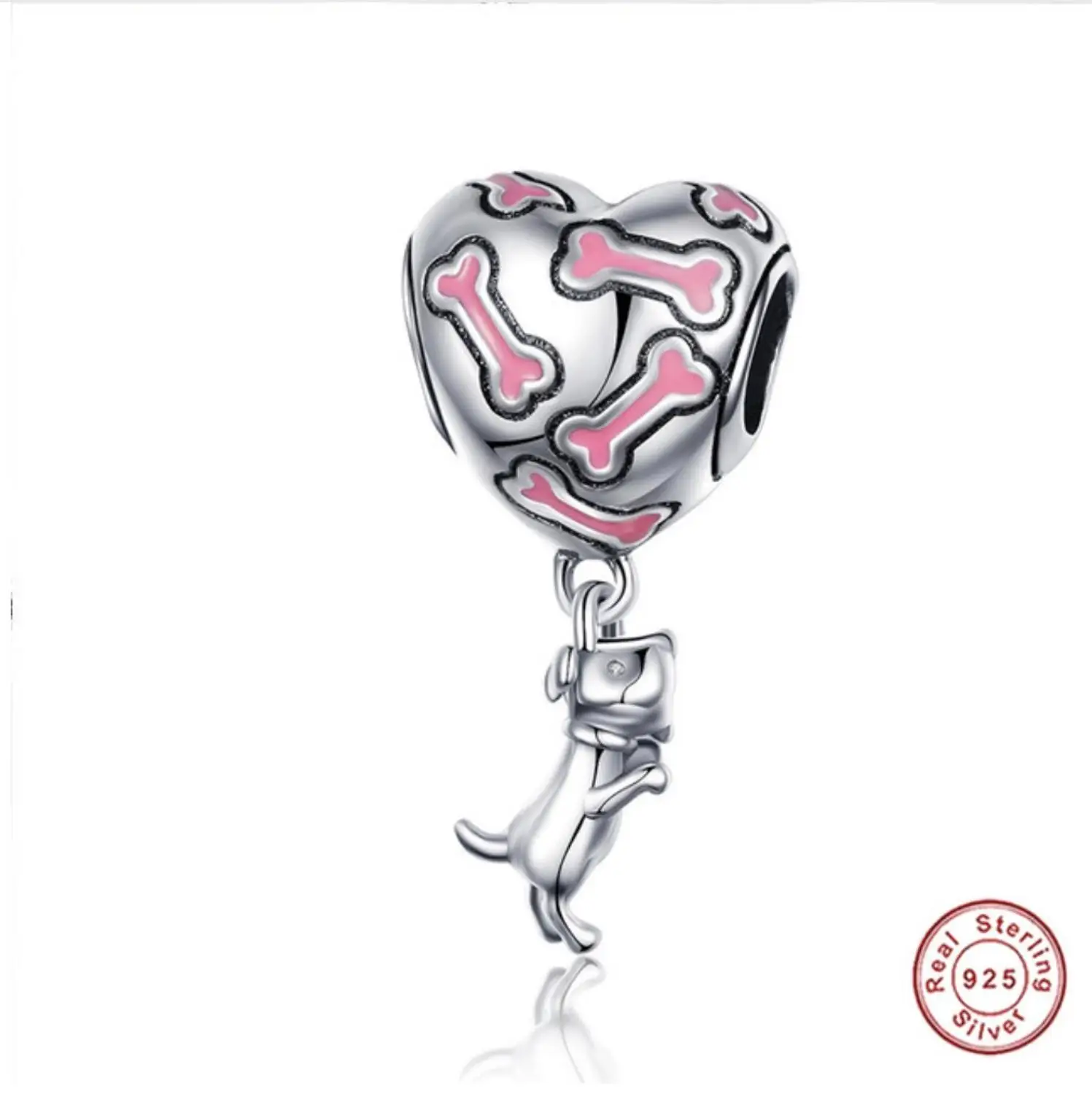 

925 Sterling Silver Dog Charm Fit Original Pandora Bracelet Pink Enamel Bone Pet Puppy Animal Heart Charm Women Jewelry Making