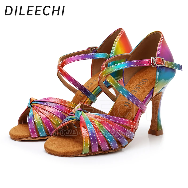 DILEECHI/туфли для латинских танцев цвета радуги; яркие женские туфли из искусственной кожи для сальсы; элегантные туфли на высоком каблуке 9 см для бальных танцев; мягкая подошва