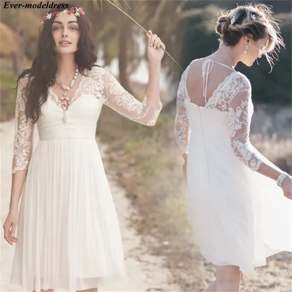 

Short Wedding Dresses Lace Chiffon Knee Length 3/4 Long Sleeves Zipper Back Pleats V-Neck Simple Bride Gowns Robe De Mariage