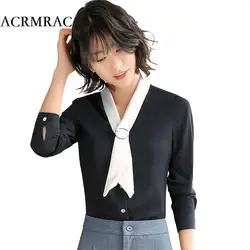 ACRMRAC Для женщин рубашка тонкий осенью и зимой v-образным вырезом стример сплошной цвет длинным рукавом ПР Формальные Бизнес рубашки Для