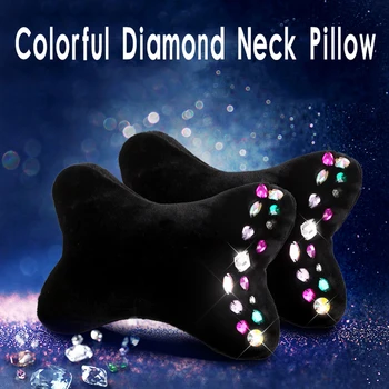 

Colorful Diamond Car Headrest Neck Pillow Plush Crystal Auto Headrest Waist Supports Rhinestone Cushion Women Girls