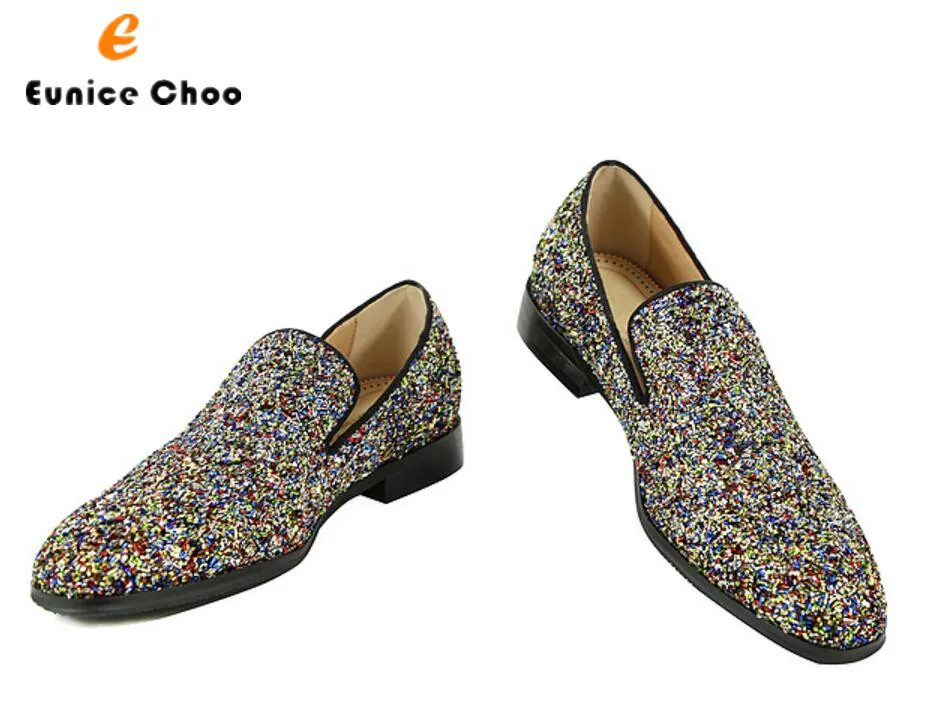 

Eunice Choo Luxury Mix Colors/Blue Bling Sequins Banquet Party Men Shoes Slip On Glitter Leather Loafers Men Prom Dress Shoes