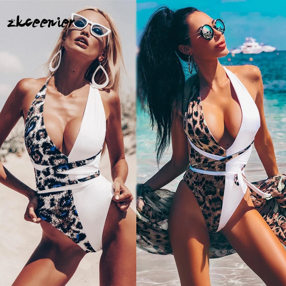 

Bandage One Piece Swimsuit Women Patchwork Leopard Swimwear Sexy Bodysuit Piece Swimwear Bathing Suit Beach Wear Badpak Monokini