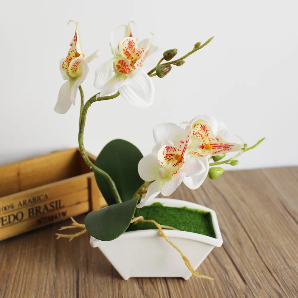 Весенние искусственные шелковые цветы орхидеи Бонсай с вазой Набор для украшения стола поддельные Растения Дерево бабочка Орхидея лист свадебный цветок - Цвет: white