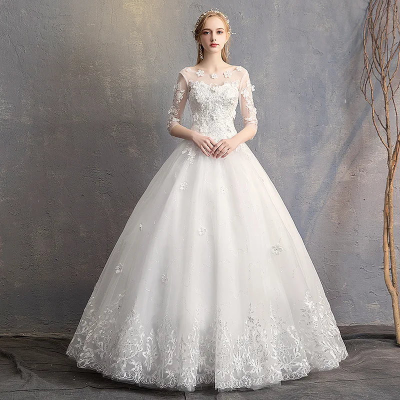 

Do Dower 2019 New O Neck Three Quarter Wedding Dress Princess Flower Beading Lace Up Floor Length Wedding Gown Robe De Mariee L