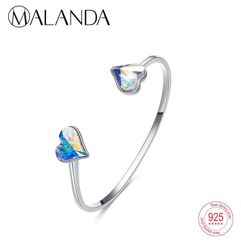 

MALANDA Sterling Silver Double Heart Crystal From Swarovski Bracelets Bangles For Women Fashion Open Bracelet Wedding Jewelry