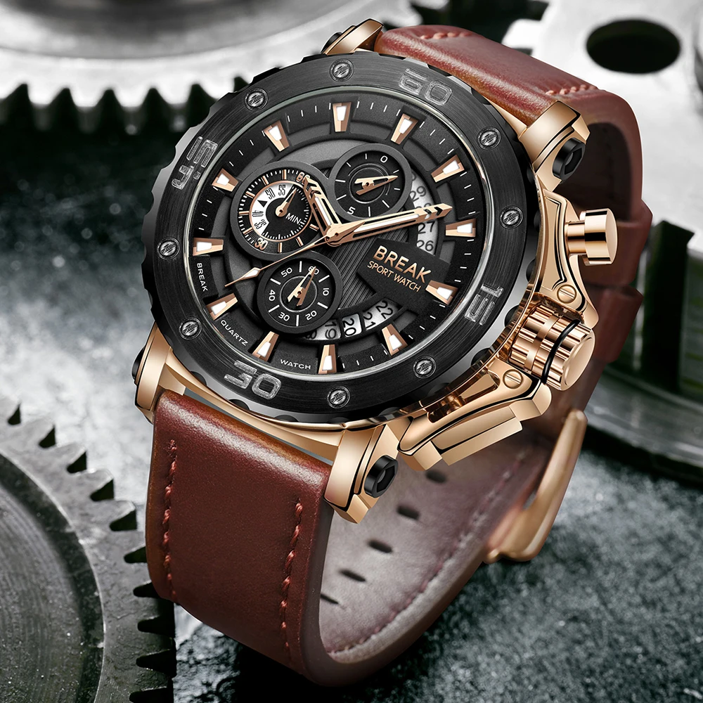 

BREAK Luxury Brand Men Gold Watches Men's Chronograph Quartz Leather Sport Clock Man Waterproof Wrist Watches Relogio Masculino