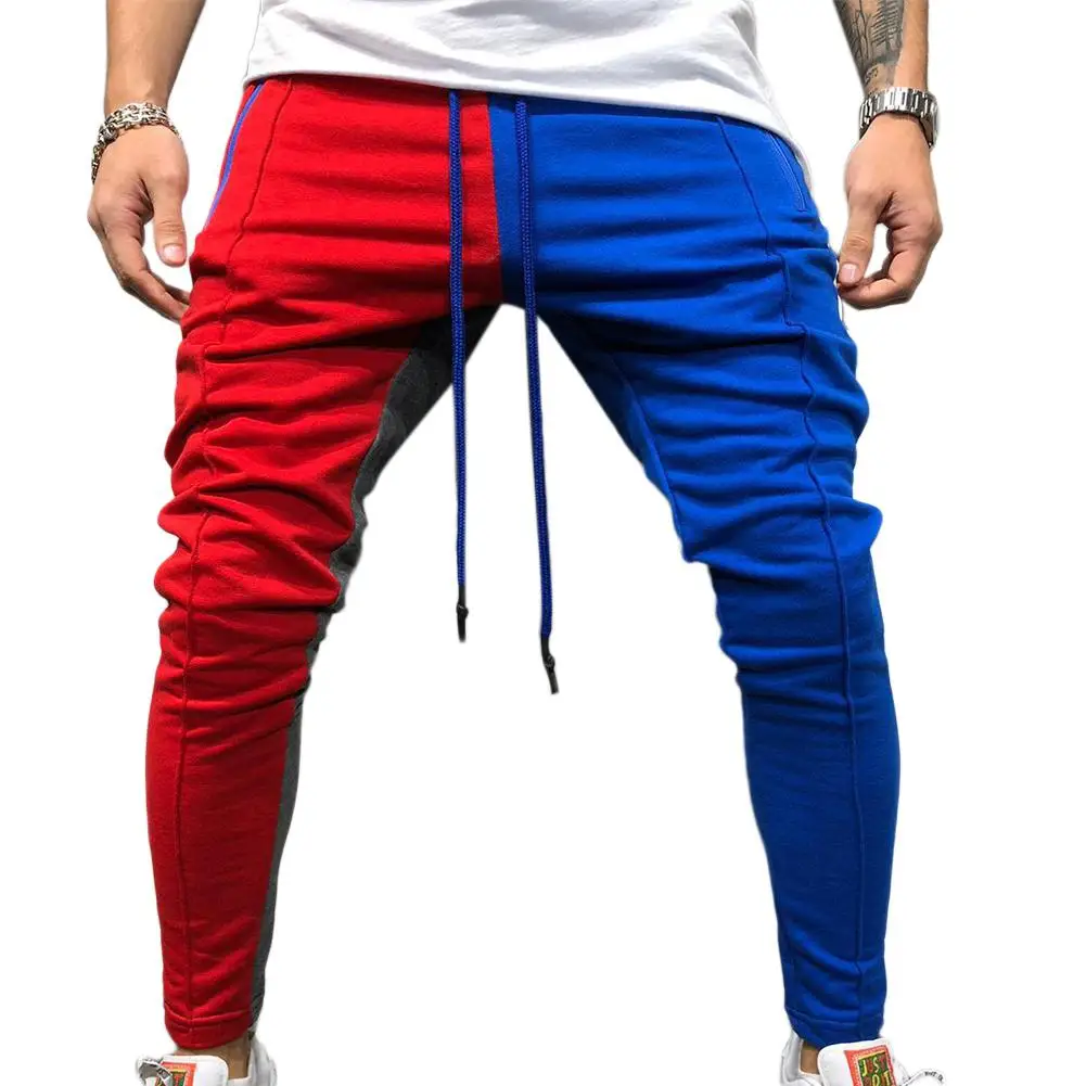 MISSKY, весна-осень, Мужские штаны для бега, для стадиона, гимнастики, цветные, в полоску, повседневные, подходящие по цвету брюки, мужские брюки, одежда - Цвет: Red blue