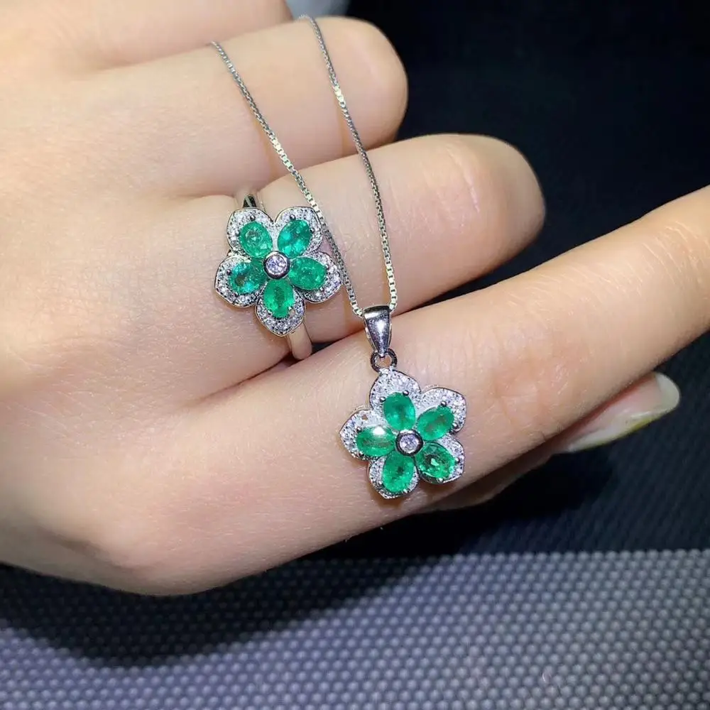 

elegant flower green emerald gemstone ring and necklace jewelry set 925 sterling silver fine ornament girl birthday party gift