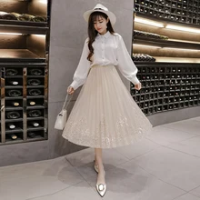 Аппликации Украшенные Тюль Для женщин юбка O Фея Стиль Jupe Femme Пастель Saia Миди Chic плиссированные летняя юбка Faldas Mujer Moda