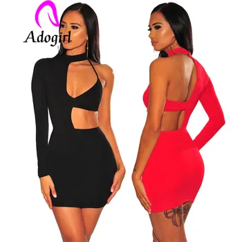 

Adogirl semi hollow out mini bodycon dress semi long sleeve Bayonet dress v-neck asymmetrical dress holes corset dress