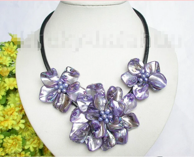 

Free shipping >>>>>>purple pearl seashell choker leather necklace j7463