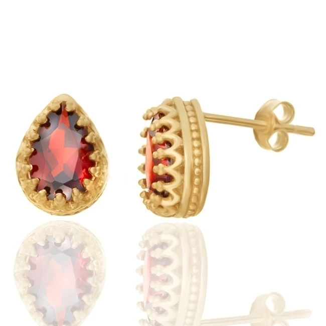 2.66 ct Pear Cut Garnet 18k Yellow Gold Over Sterling Silver Crown Stud Earrings #With Free Stud