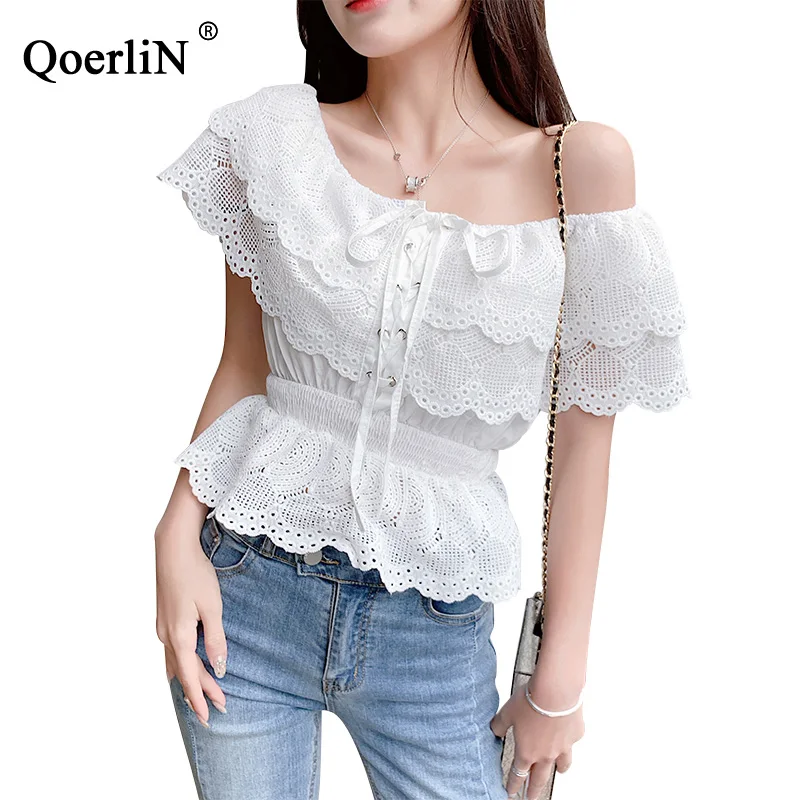 

QoerliN Lace Up Blouse Women Sexy Off Shoulder Short Sleeve Slim Shirts Female Plus Size White Hollow Out Short Tops Blouse S-L