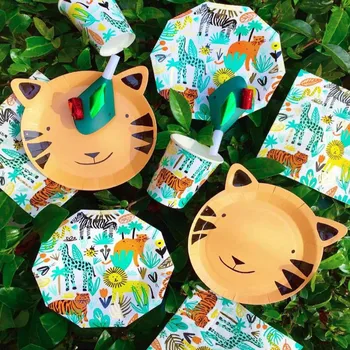 

Jungle Party Decoration Birthday Party Disposable Tableware Set Jungle Animal Disposable Plates/Cups/Napkins For Kid Party