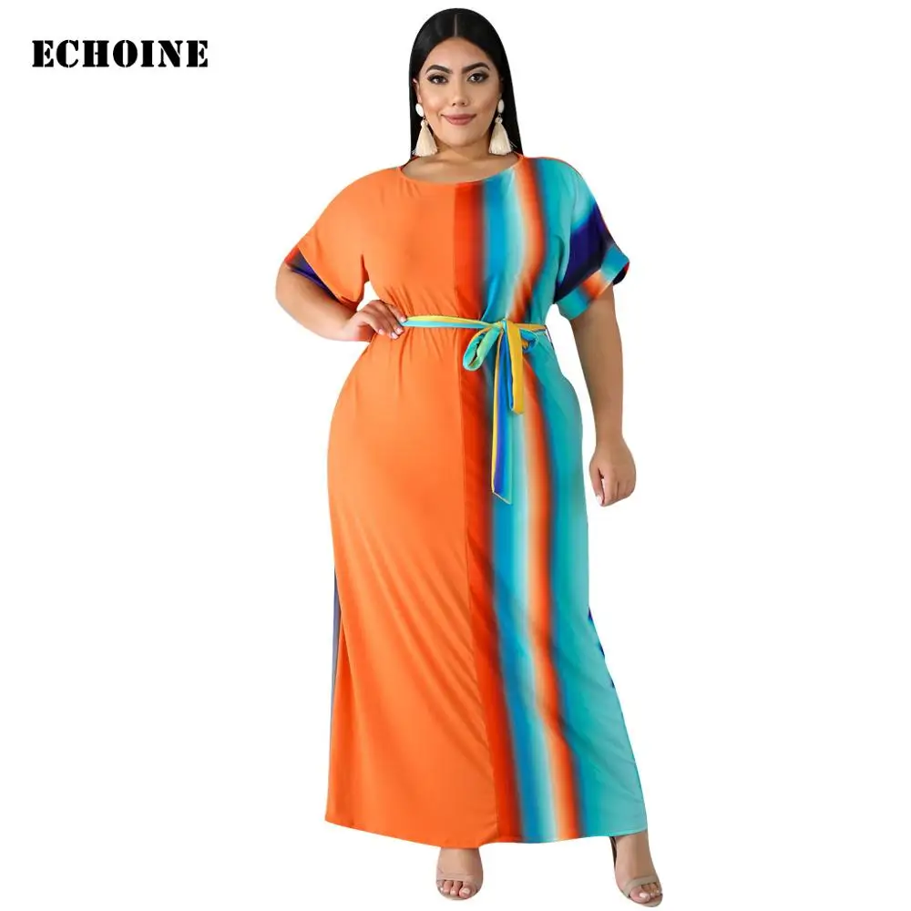 

Plus Size 3XL Maxi Dress with Belt Striped Print Long Dress with Pocket Casual Elegant Party Vestidos Short Sleeve Femme Robe