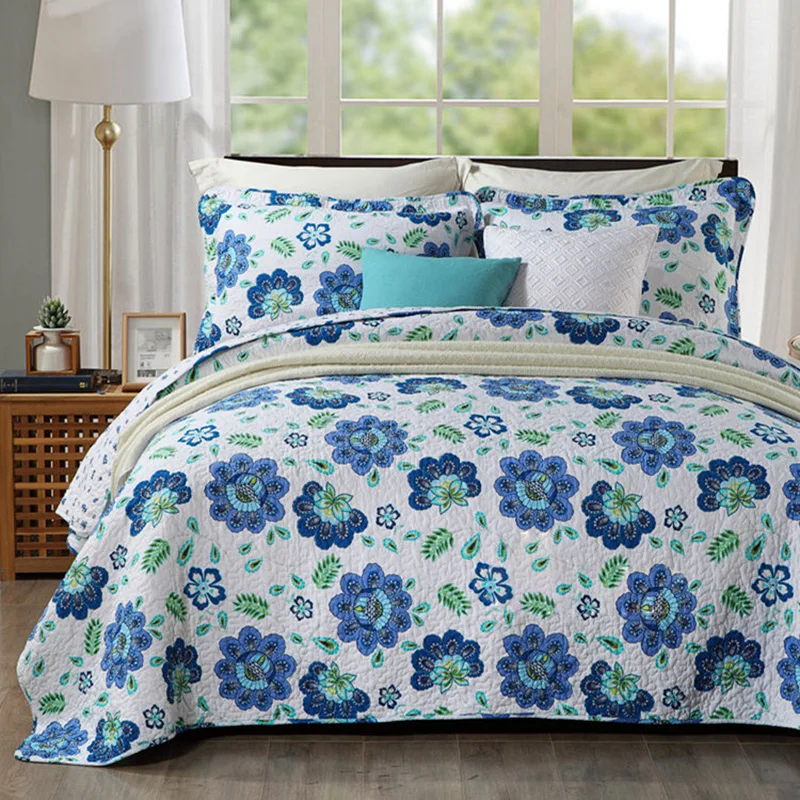 

CHAUSUB Washed Cotton Quilt Set 3PCS Flowers Printed Quilts quilted BedSpread Bed Cover Sheets Pillowcase King Size Coverlet Set