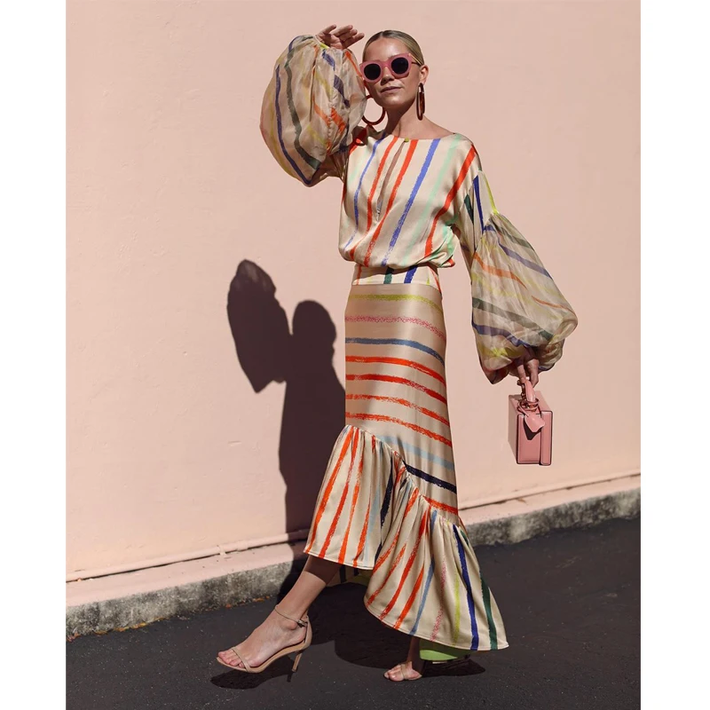 

Fashion Summer Dress Women Color Striped Panel Lantern Sleeve Dress Asymmetric Casual Dress 2019 Party Dinner Dress Personality