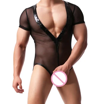 

Sexy Men's Shapers Deep-V One-Piece Transparent Mesh Sheer Short Sleeve High Cut Jumpsuit Bodysuit Lingerie for Men