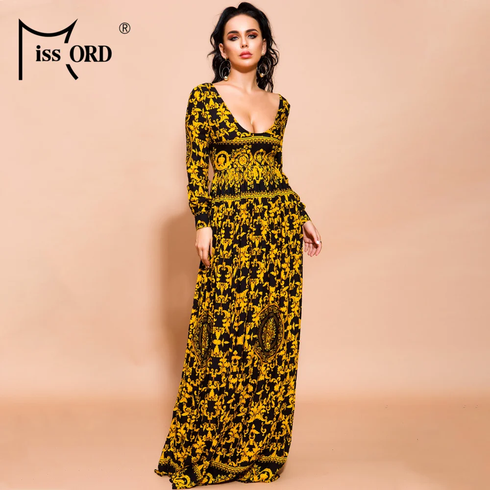 

Missord 2019 Sexy V Neck Long Sleeve Bohemian Print Dresses Female Summer Beachwear Elegant Maxi Dress AM0030