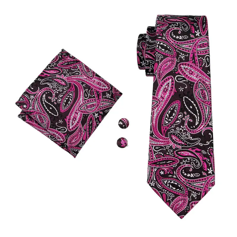 

LS-1548 Barry.Wang Classic Men`s Tie 100% Silk Rose Red Paisley Necktie Hanky Cufflink Ties For Men`s Wedding Party Business