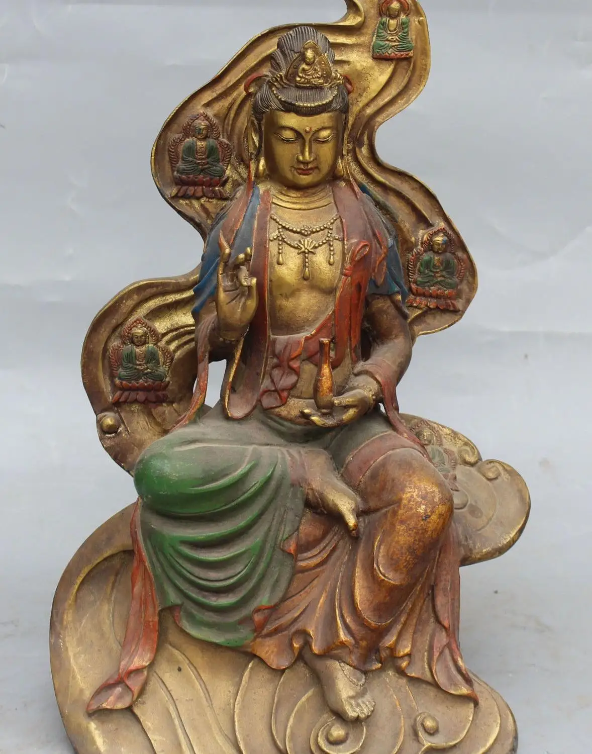

16" Chinese Bronze Painting Kwan-yin Guanyin Shakyamuni Buddha Vase Seat Statue