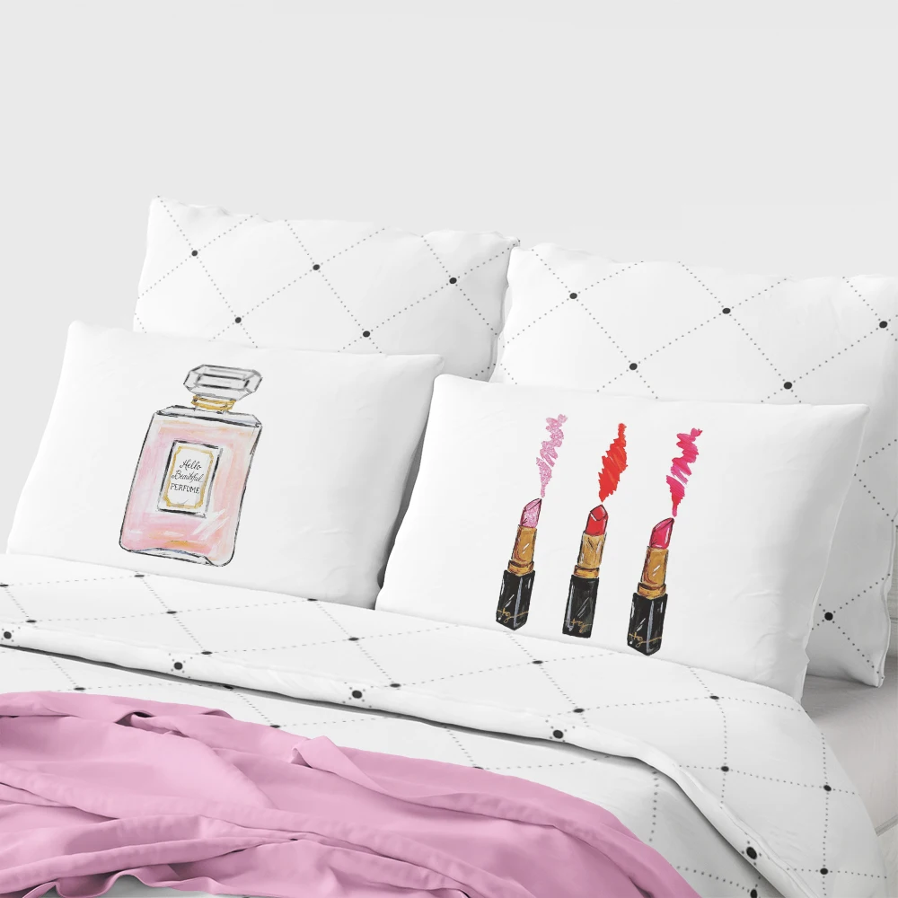 2 Side Print Hello Beautiful Perfume Pillow Case Set/Lip Stick Trio