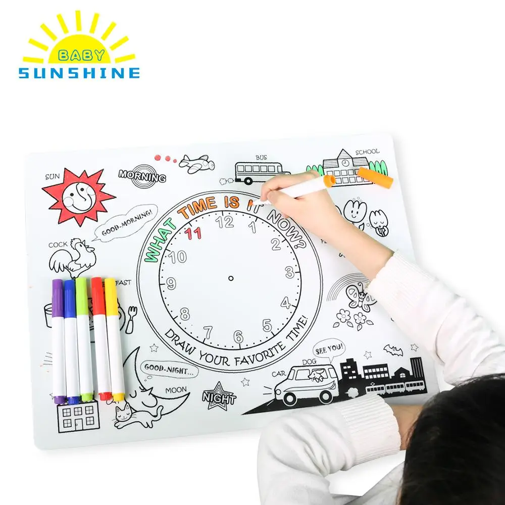 

Kids Silicone Coloring Placemats Time Learning with 6 Non-toxic Markers Reusable Heat-resistant Children Coloring Drawing Mat