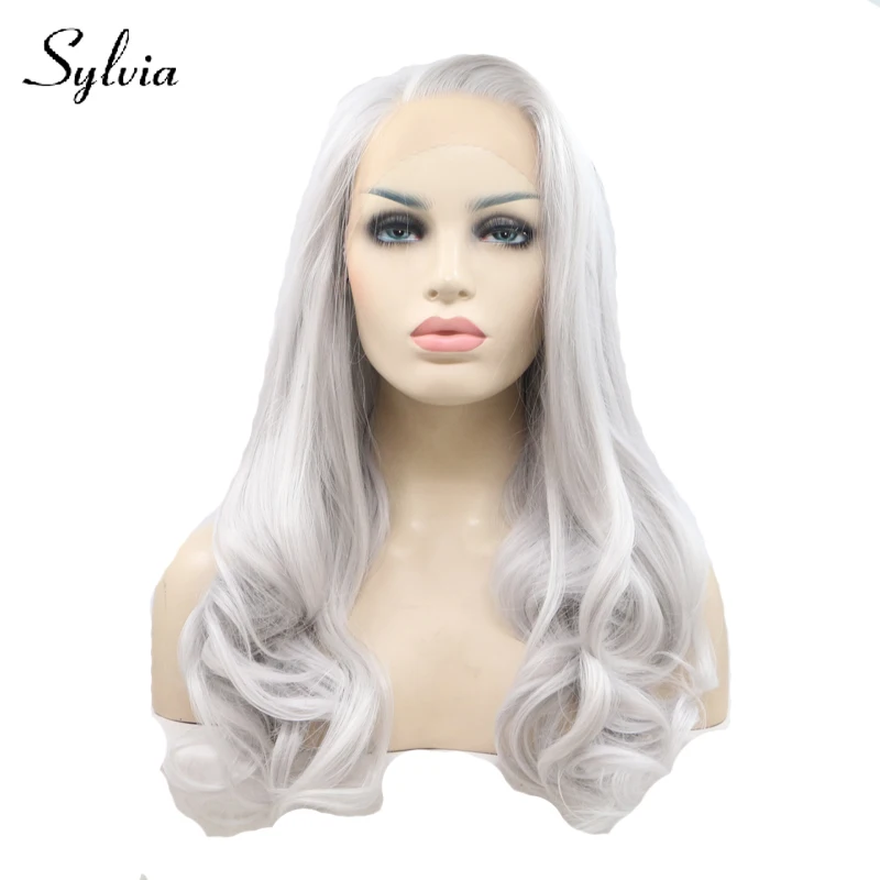 Sylvia silver grey natural wave synthetic lace front wigs with side