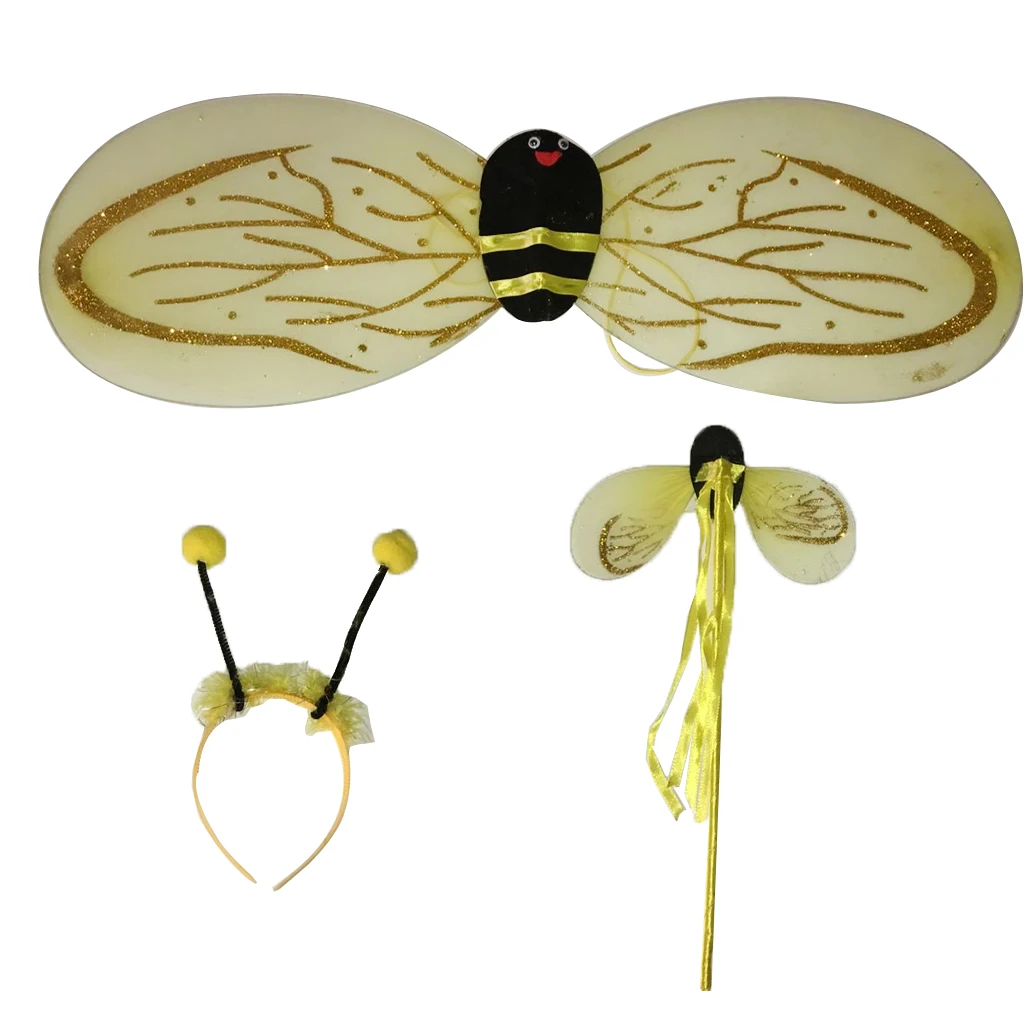 1 Set Children Yellow Bee Removable Wings Wand Headband Dress Up Fancy Dress for Halloween Kids Party Costumes Accessories