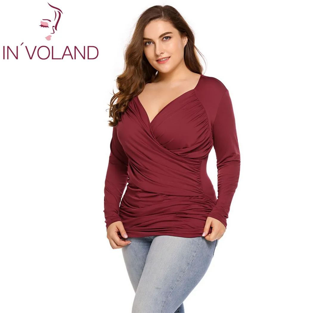 Koop IN #039;VOLAND Grote Maat 5XL Vrouwen T Shirt Tops Herfst Lente Vintage Wrap Front Truien Lange Mouw Ruches Tshirt Tees Plus Size