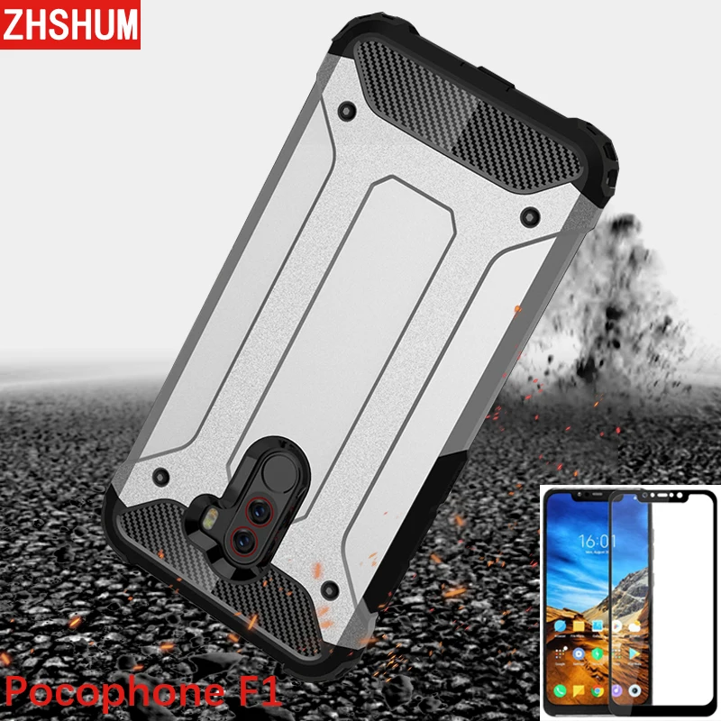 

Xiaomi Pocophone F1 Poco Phone Case Hybrid Armor Bumper Tempered Glass Silicone 360 Protect Full Back Cover For Poco F1 F 1 Caso