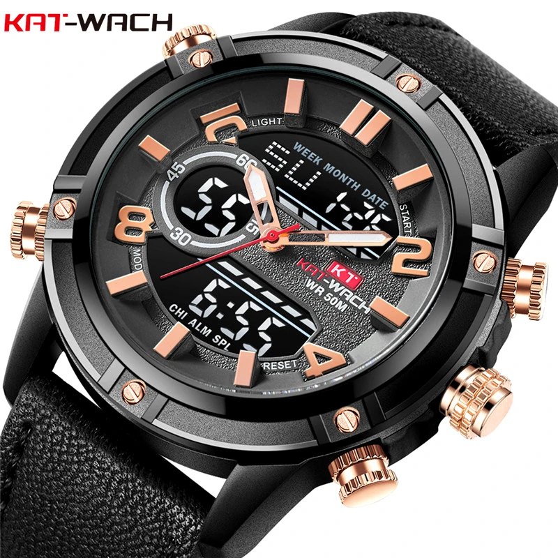

Mens Watches KAT-WACH Analog LED Digital Watch Leather Military Sport Male Clock 50m Waterproof Wrist Watches Relogio Masculino