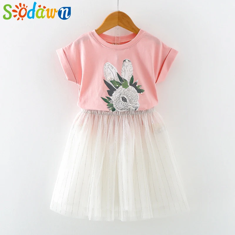 Sodawn Summer Brand Fashion Girls Clothes Cartoon Rabbit T-shirt+ Mesh Dress 2pcs Cute Children Clohting Baby Clothing