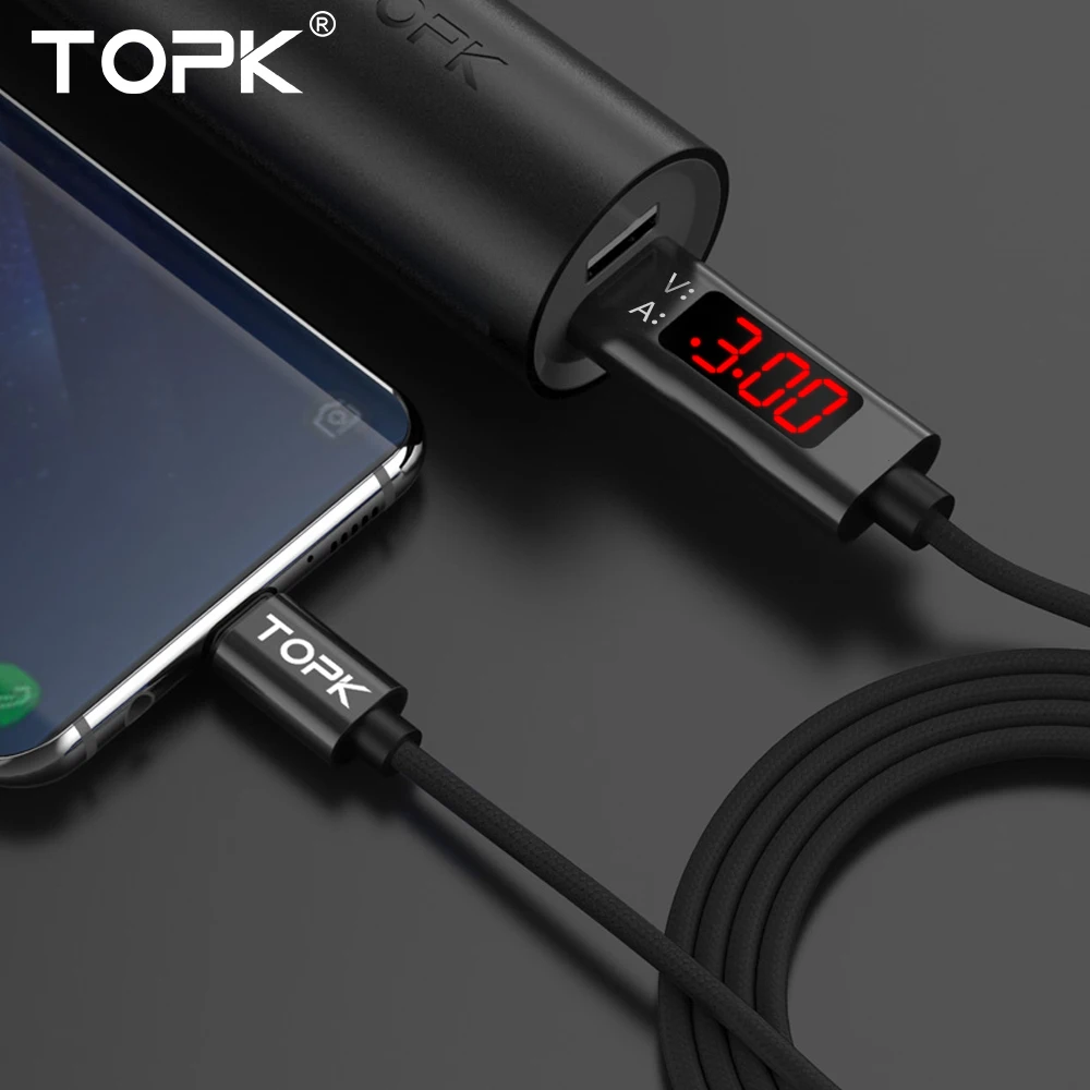 Кабель TOPK DLine1 usb type C с дисплеем напряжения и тока, нейлоновый плетеный кабель для быстрой зарядки type-C для samsung S9 Note 8 USB C