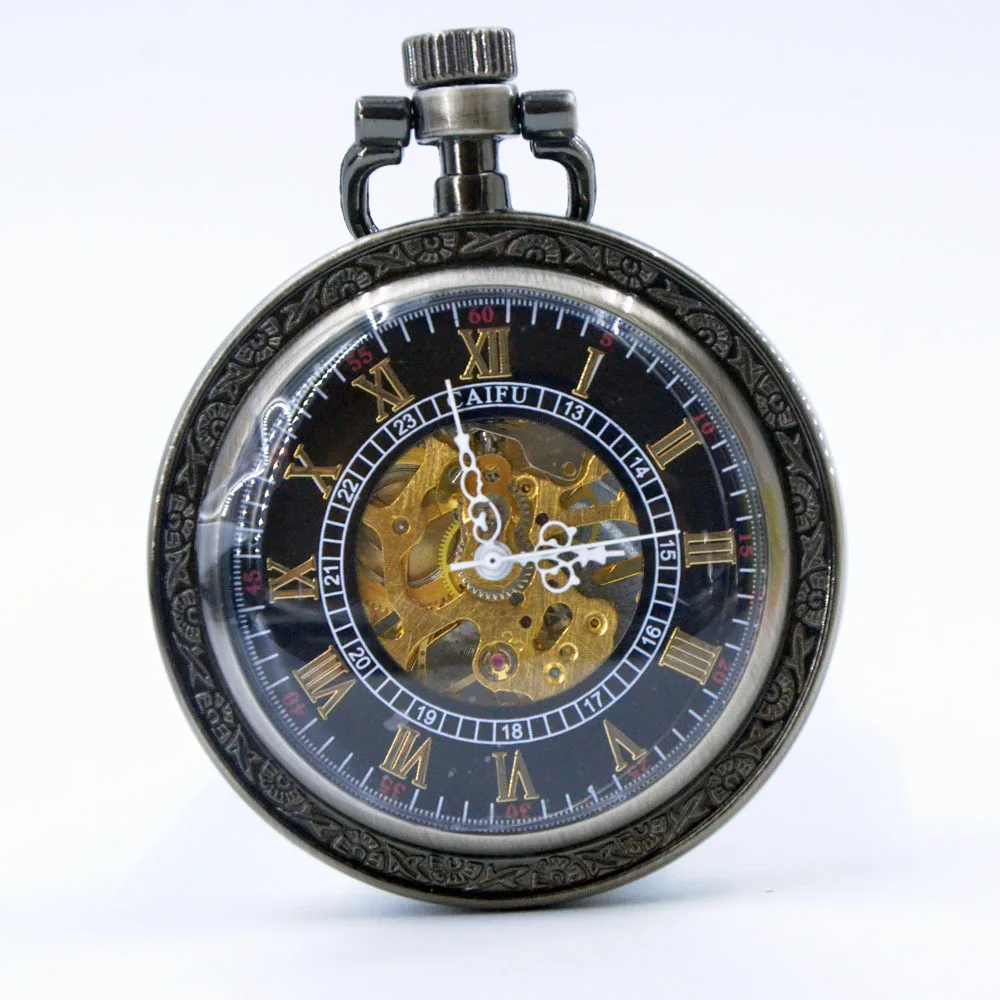 

Fashion Black High Quality Large Dial Mechanical Hand Wind Pocket Watch Skeleton Gears Watch Men Women Watch Chain+Gift Box