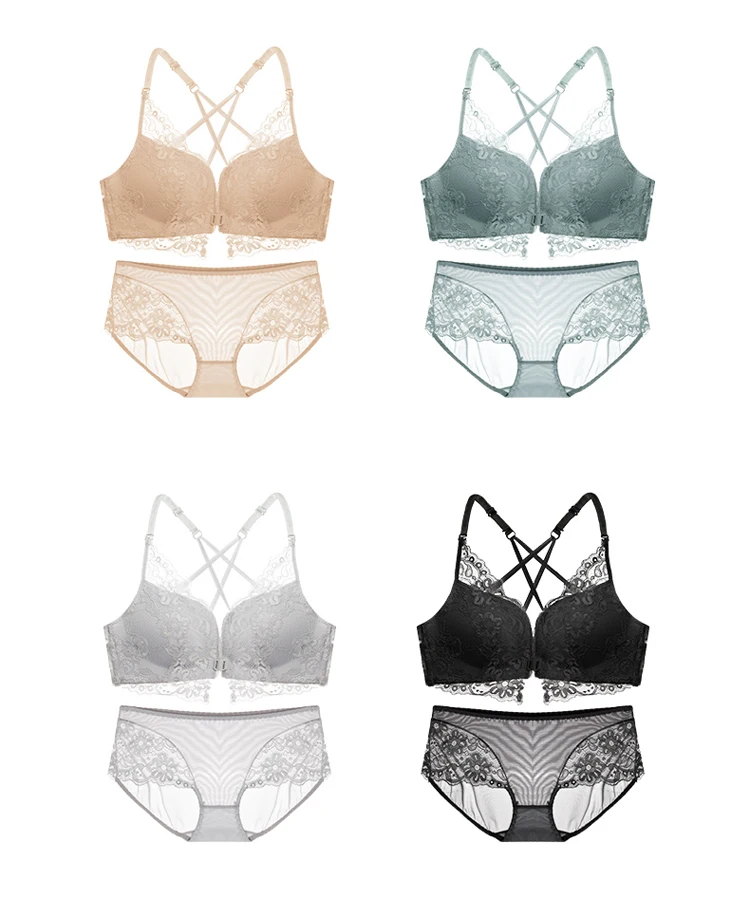 CINOON New Sexy Push Up Front Closure Lingerie Set Beautiful back Underwear Lace Brassiere Women Bralette Bra And Panties Set (13)