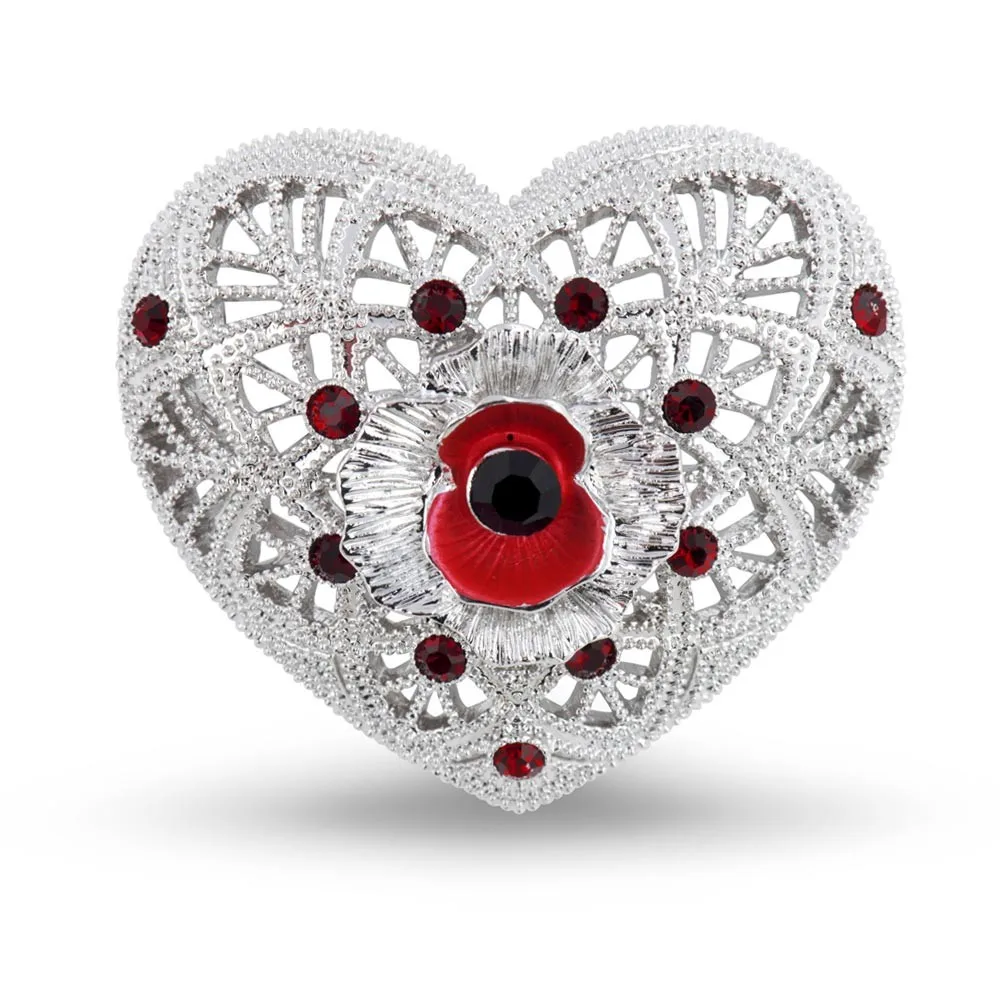 

1.2 Inch Filigree and Poppy and Heart Brooch with Red Enamel and Crystals White Gold Tone