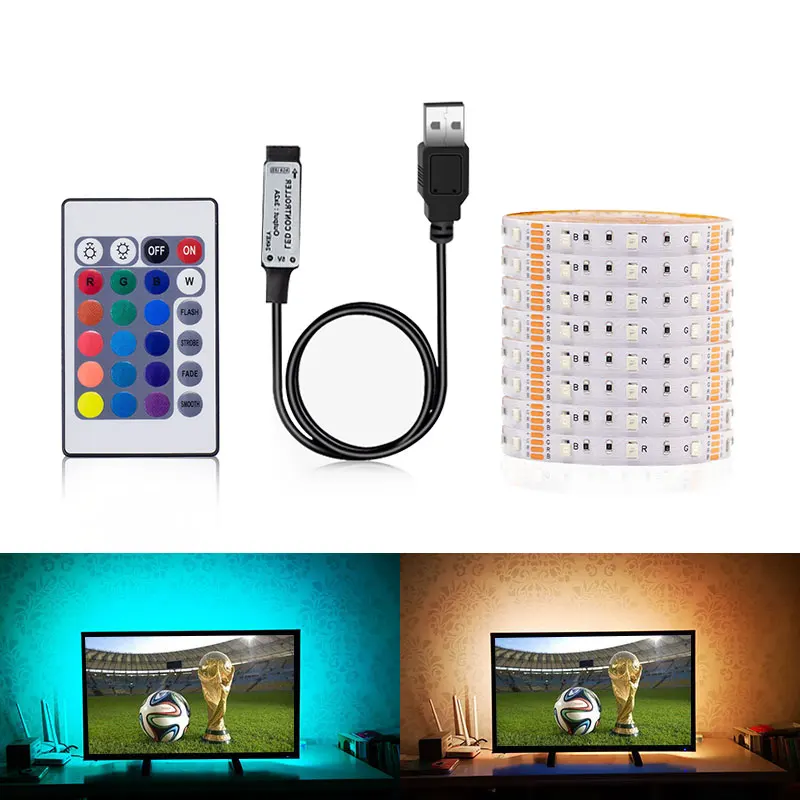 Светодиодная лента RGB 3528 SMD 5 в 1 м/2 м/3 м/4 м/5 м смена цвета с USB 24 клавиши ИК