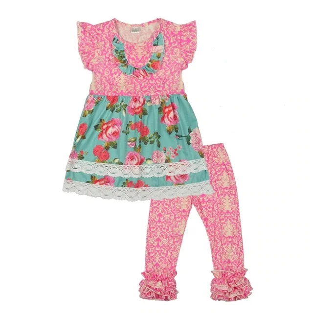 

High Quality New Style Girls Spring Summer Clothes Print Dress Icing Pants Children Boutique Sets With Bow And Accessries