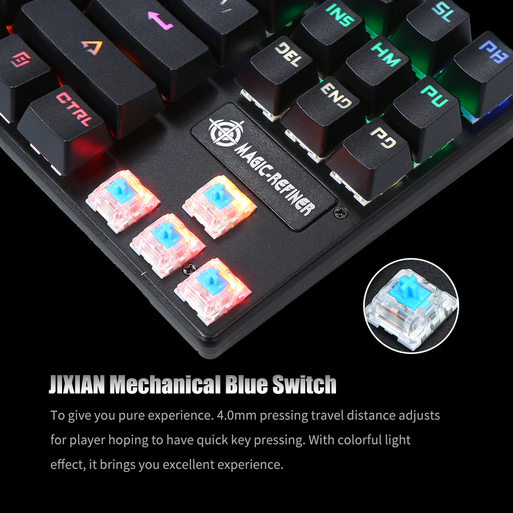 Игровая клавиатура, имитация механической клавиатуры, 87/108 клавиш, USB кабель, синий переключатель, подсветка, русская геймерская клавиатура для компьютера